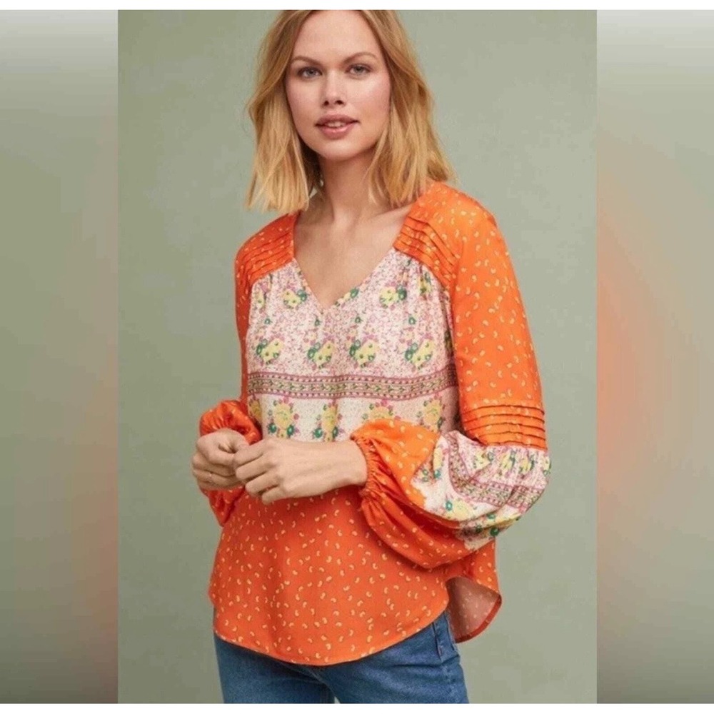 Maeve Anthropologie‎ Ceresco Women's Small Peasant Blouse Orange Boho